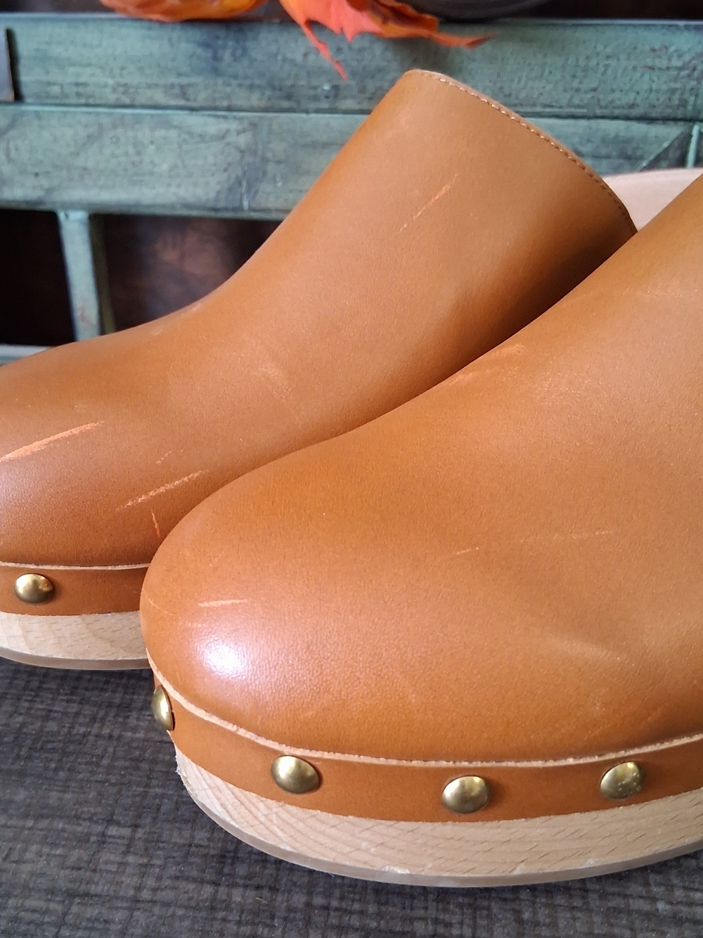 J Crew Brown Leather Clogs with Stud Detailing